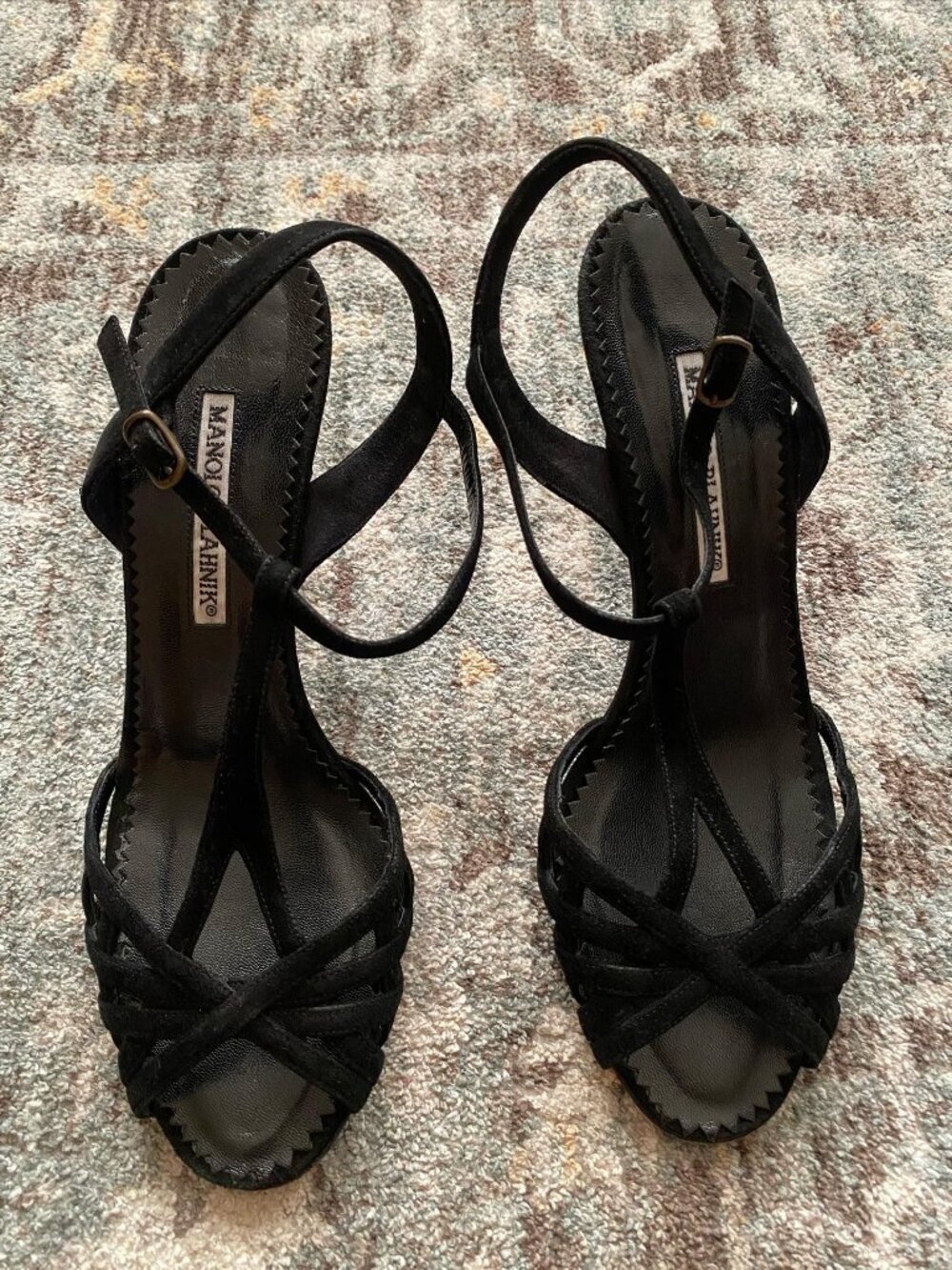 Manolo Blahnik Black Suede Leather Kitten Sandal Heels  size 37